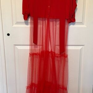 Red Sheer Long Sleeve Dress